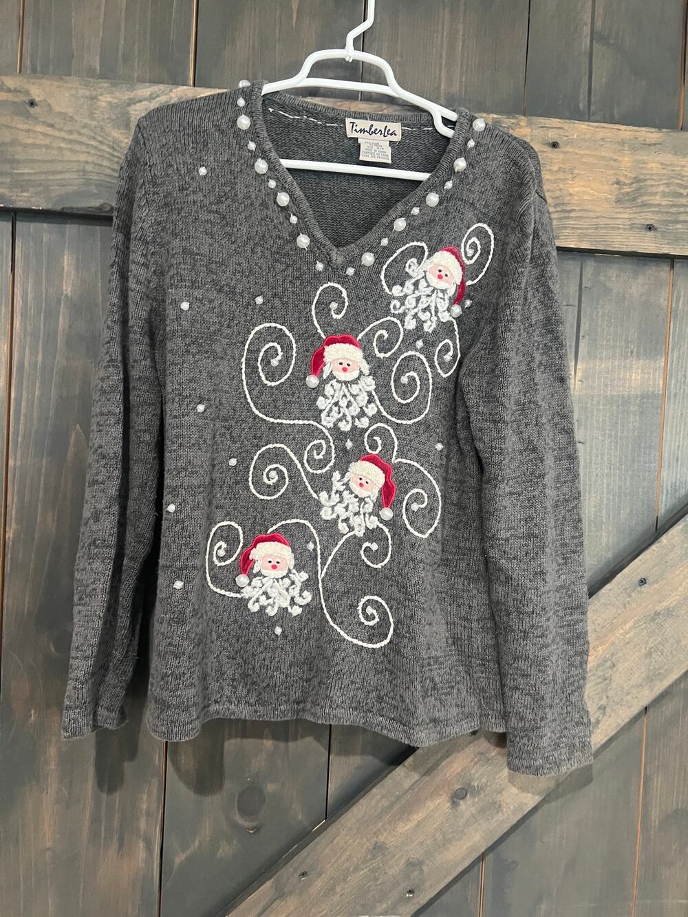 Vintage Timberlea Sweater Womens Small Grey Santa Embroidered Holiday Christmas